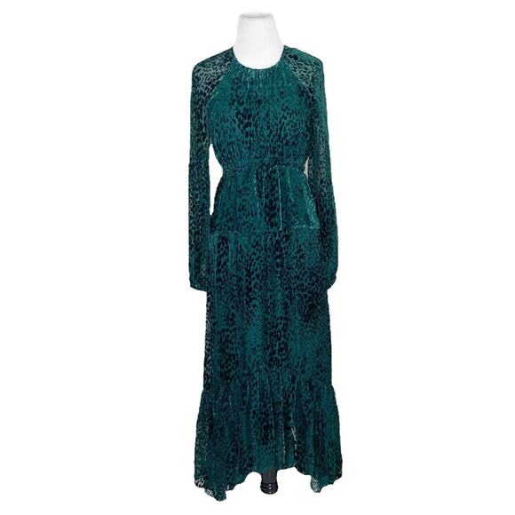 A.L.C. Kamari Leopard Burnout Velvet Ruffle Silk Blend Midi Dress Green Size 0 - Picture 3 of 8